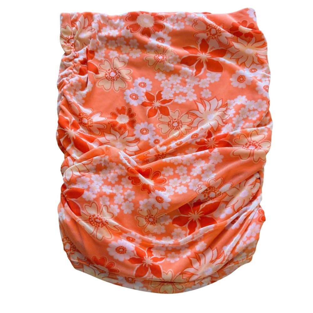 Y2K Floral Mesh‎ Mini Skirt Women Small Orange Ruched Retro Indie Festival Mesh